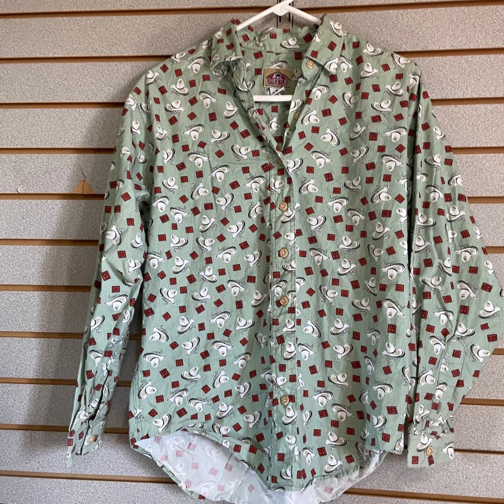 Barn Fly Authentic Design Green Cowboy Hat Print 100% Cotton Button‎ Up Shirt  S